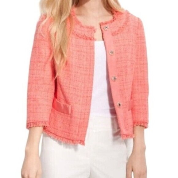 Trina Turk Blazer‎ Jacket Size 6 Tammie Tweed Fringe Trim Coral Orange - Picture 1 of 10